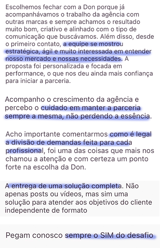 Relatos de clientes da Don — primeira referência